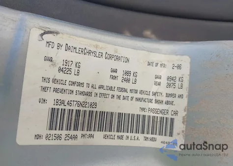 2006 Dodge Stratus Sxt z USA, uszkodzony, nr VIN 1B3AL46T76N221029